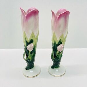 Vintage 2 Lefton Hand Painted Pink & Green Bud Vases Japan Tiny Crazing on Base